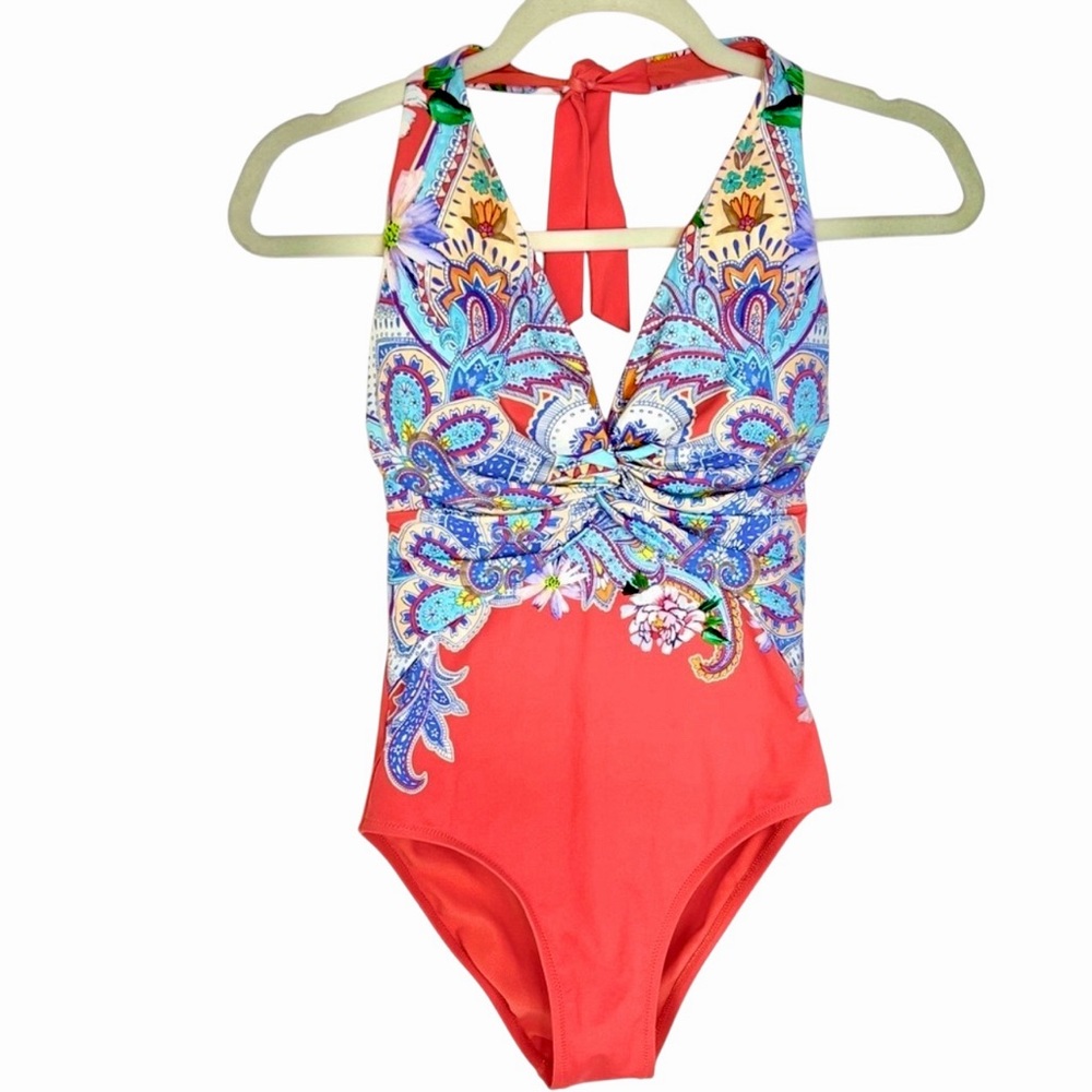 Johnny Was Drew Twist-Front Halter One-Piece
Swimsuit